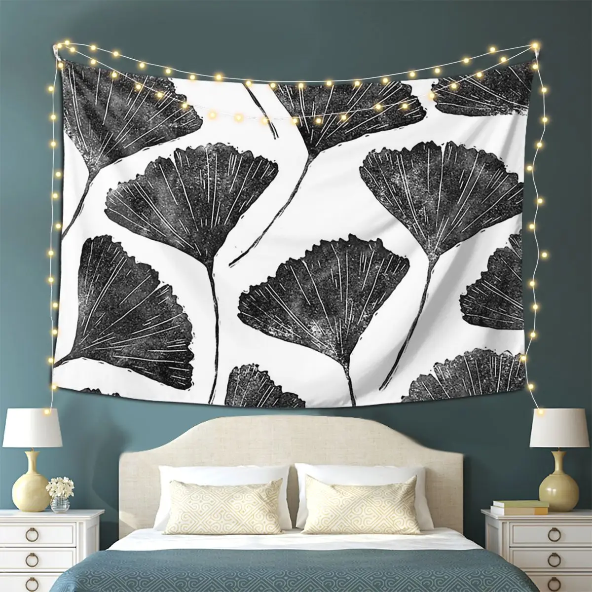 

Ginkgo Biloba, Lino Cut Nature Inspired Leaf Pattern Tapestry Art Tapestries for Living Room Bedroom Decor Home Wall Hanging