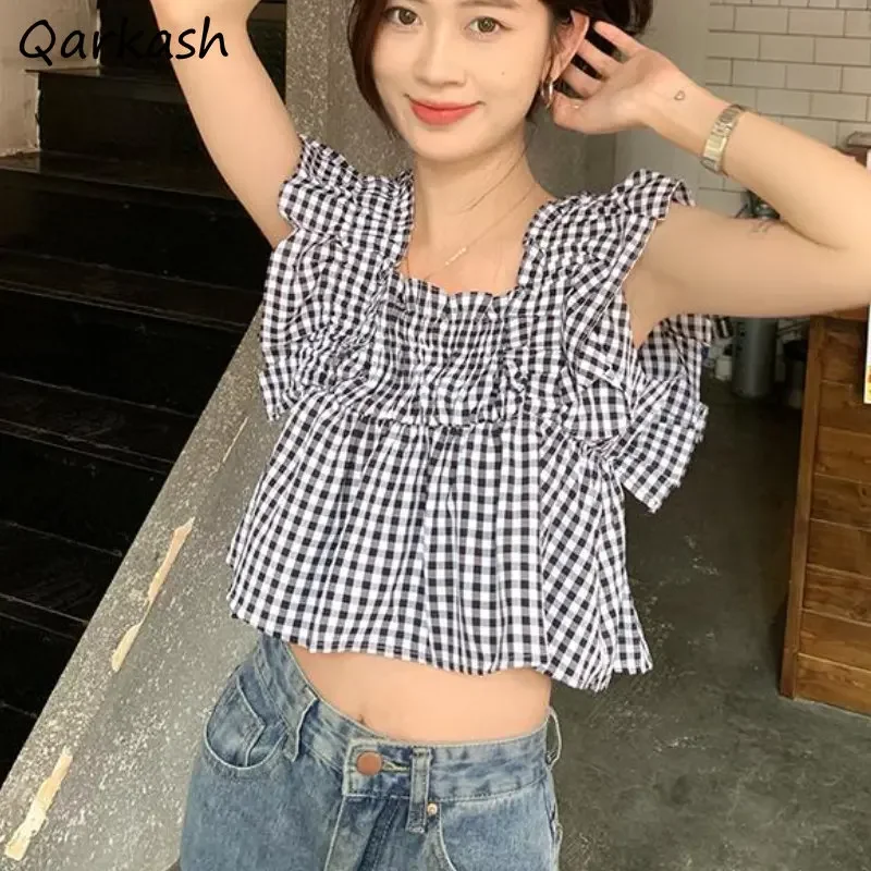 

Plaid Blouses Women Ruffles Flying Sleeve Elegant Summer Crop Tops Sexy Sweet Korean Style Girlish Clothing Daily Vacation New