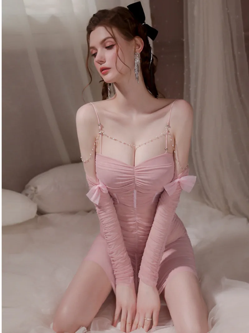 

Passion Sexy Nightwear Charm Sexy Wrapped Hip Solid Dress Women Folds Bow Backless Short Chest Wrapping Transparent New H5PC