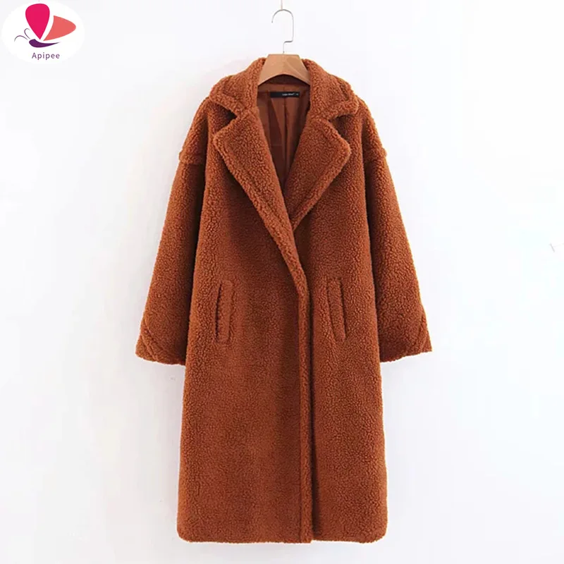 

Women Warm Faux Fur Lamb Cashmere Reversible Soild Long Outwear With Pockets Casual Winter Hooded Thick Cardigan Long Coat