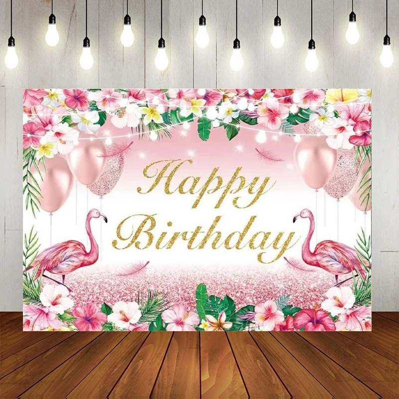 Pink Flamingo Happy Birthday Party Sfondo Hawaiano Tropical Floral Photographbackground Flamingo Decorazione Banner A Tema