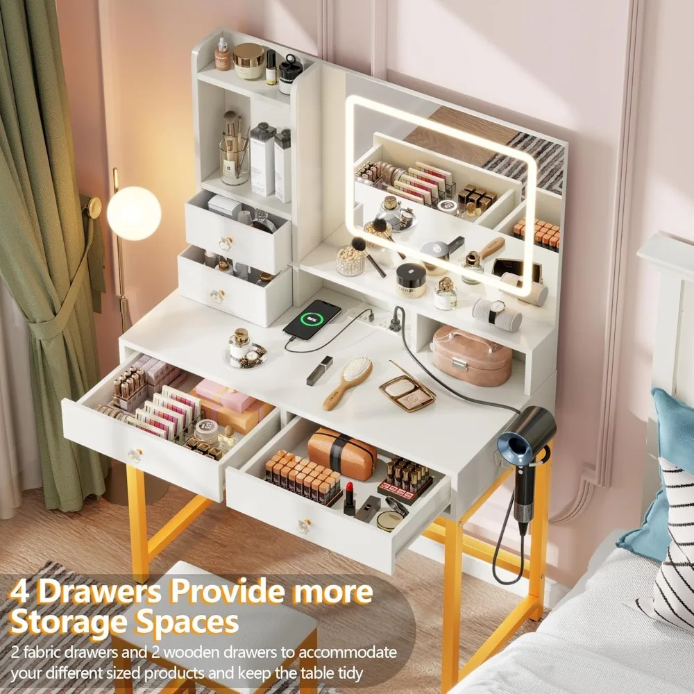 Vanity Desk with LED Lights Mirror and Power Outlets, Small Makeup Vanity Desk Stool Set with 4 Drawers, Dressing Tabl 3