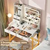 Vanity Desk with LED Lights Mirror and Power Outlets, Small Makeup Vanity Desk Stool Set with 4 Drawers, Dressing Tabl 3