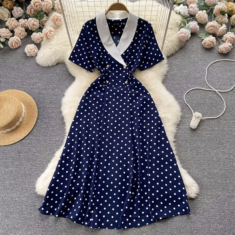 

Women's Runway Fashion Spring Summer V Neck Dot Print Dress Female High Waist Chic Party A-line Dress TB1202