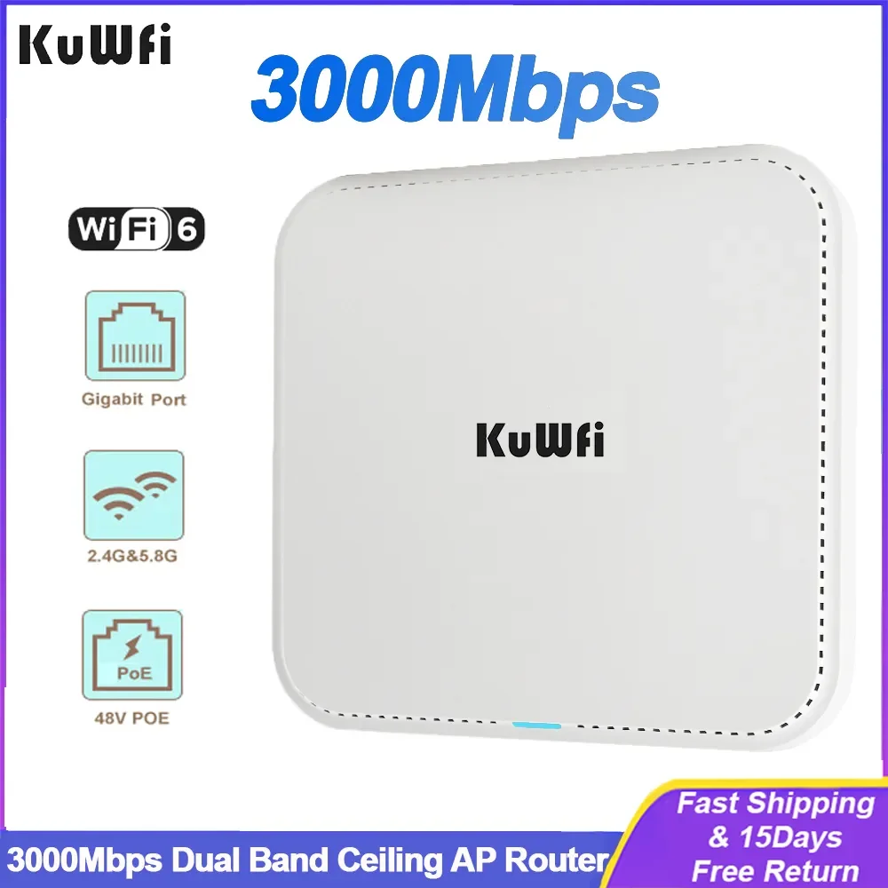 Kuwfi 3000Mbps Soffitto Wireless Ap Router 2.4G 5G Dual Band Wifi6 Router Access Point Con Supporto Porta Lan Wan Gigabit 48V Poe