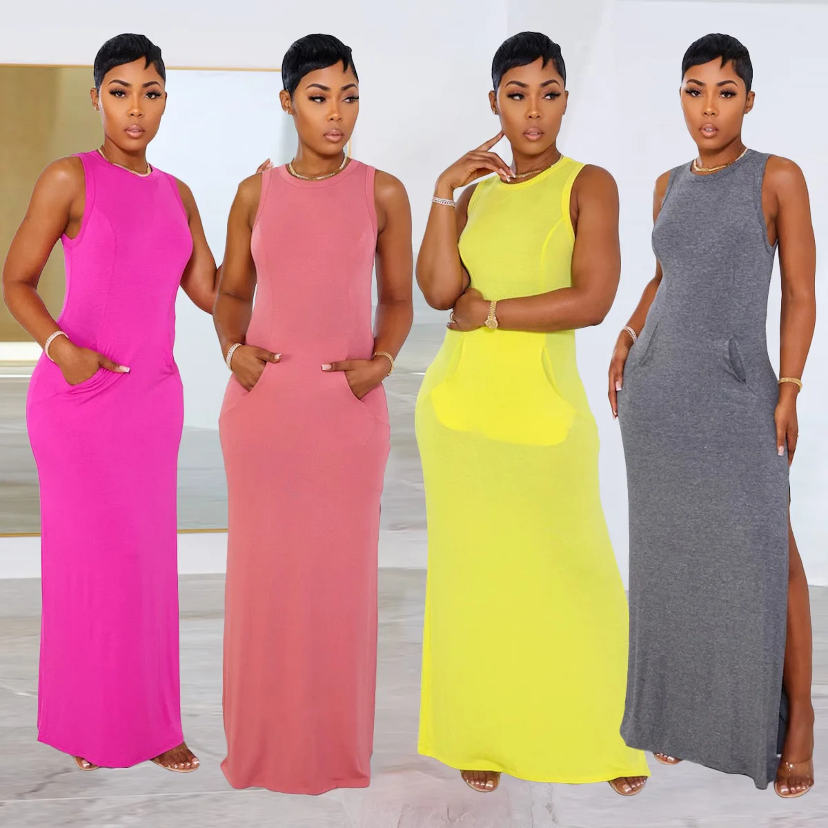 

Y8784 Casual sexy summer cotton sleeveless floor-length long bodycon dress with pocket