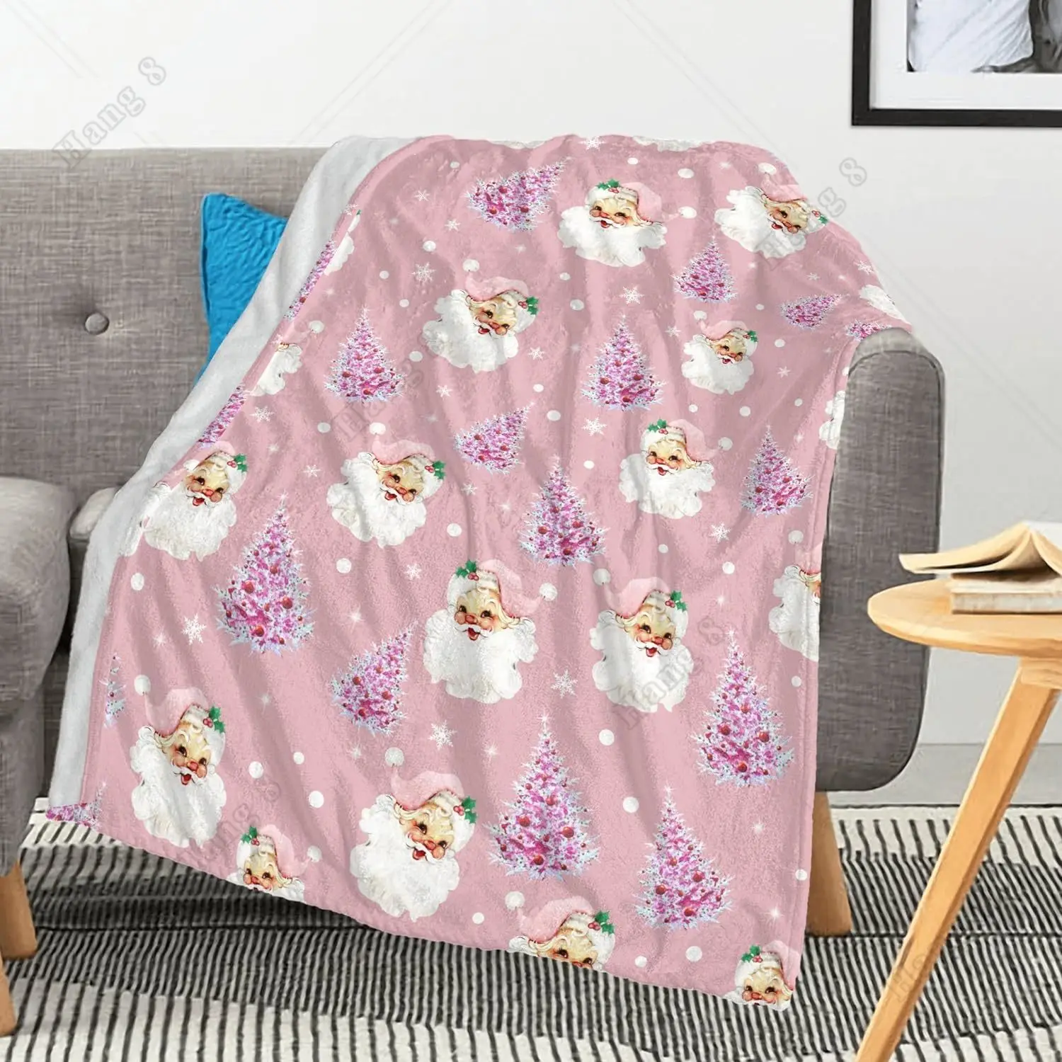 

Cute Santa Claus Pink Christmas Tree Snowflake Warm Throw Blanket for Couch, Seasonal Winter Xmas Holiday Blanket for Couch