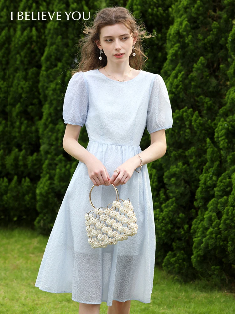 

I BELIEVE YOU French Elegant 100%Cotton Women Dresses 2023 Summer Puff Sleeves O Neck A Line High Waist Fashion New In Dresses