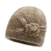 Bonnet for Women Winter Hats Fashion Floral Cross Knitted Hat Ladies Warm Velvet Winter Hat Skullies Beanies MOM Grandmother Cap 1