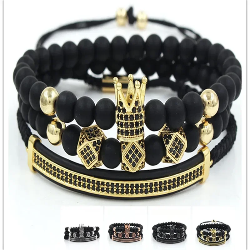 

Роскошный Королевский браслет с подвесками в виде короны для пары, мужской модный новый черный Регулируемый мужской браслет, набор для ювелирных изделий, подарок