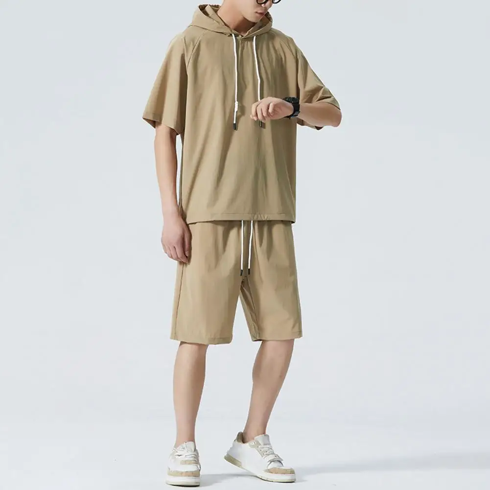

Adjustable Waist Drawstring Shorts Set Men's Hooded Short Sleeve Tee Shirt Elastic Waist Shorts Set for Sport Workwear Solid