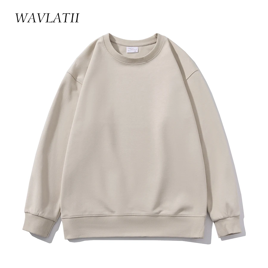 WAVLATII 2023 New Women Simple Style Khaki Sweatshirts Female Fashion Streetwear Soild O-neck Hoodie Casual White Tops WH2219