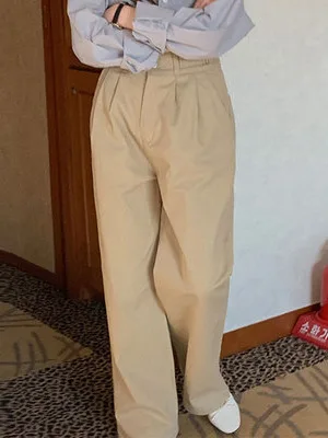 우아한 높은 허리 넓은 다리 캐주얼 바지 루즈 피트 여성 바지 가을 패션 디자인 감각 스트레이트 컷 긴 바지