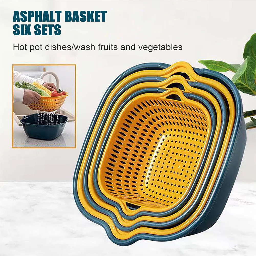 6Pieces/Set Multifunctional Drain Container Household Double-Layer Vegetable Washing Strainer Kitchen Fruit Clean Storage Basin