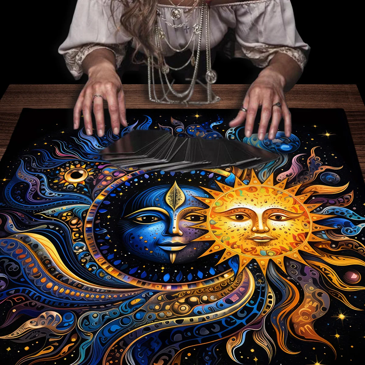 Mystical Colorful Sun and Moon Tarot Card Tablecloth Divination Altar Cloth Tarot Mat Witchcraft Astrology Oracle Cards Pads 5