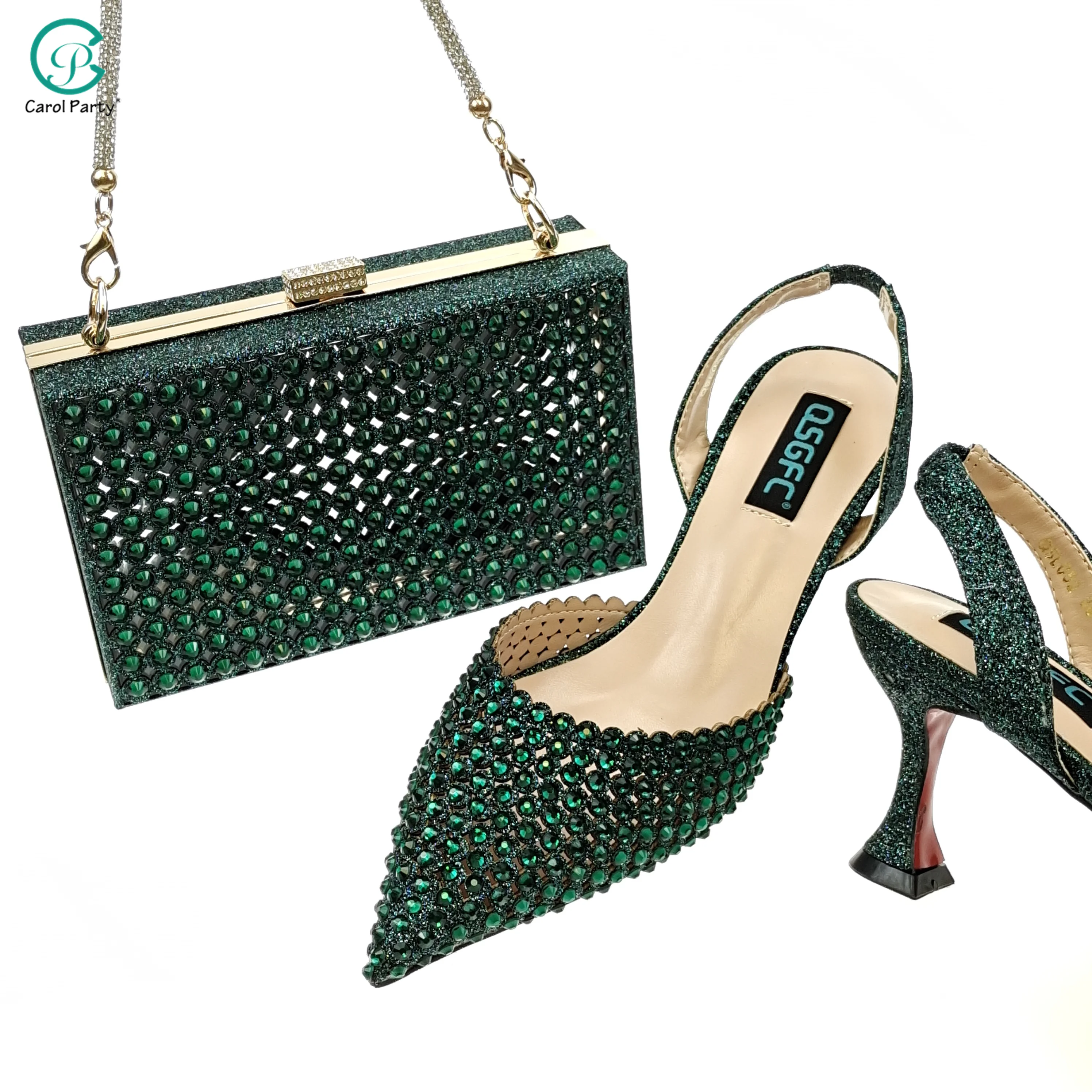 

QSGFC 2023 Nigeria Green Fashion Simple Party Sandals Bag Set Pointed Rhinestone Inlaid High Heels Women's Garden Shoes