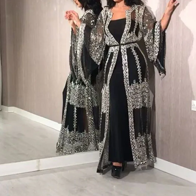 

New Fashion Long Sleeve Elegant Gowns Sequin Mesh Summer Dresses Women Casual