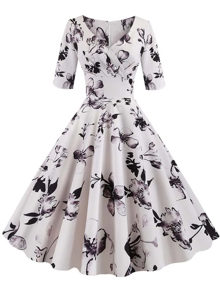 Half Sleeve Black Summer Women Dress Floral Print Vintage Party Dresses Robe Casual Retro A-Line Vestidos 4