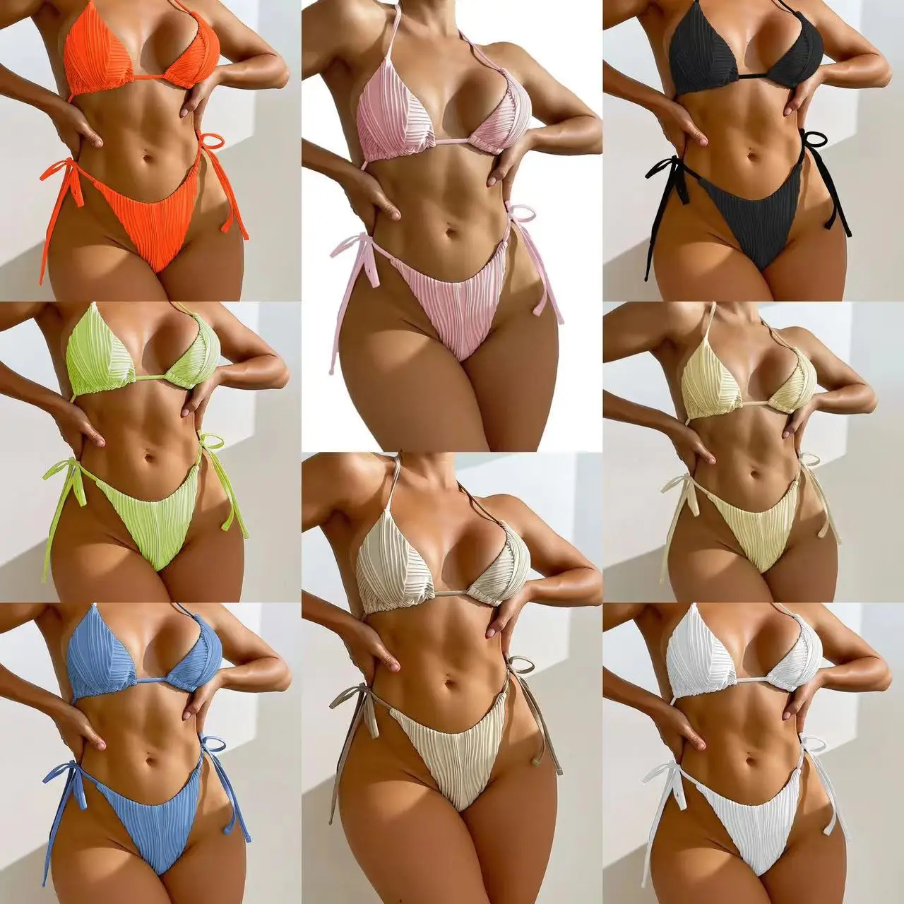 

Sexy Textured Halter Bikini Women Tie Side Swimwear Female Swimsuit Two-pieces Triangle Bikini set Bather Bathing Suit Swim