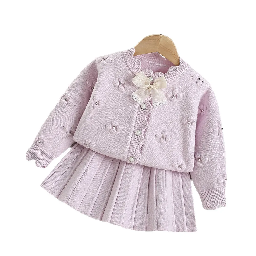 Girls Knitted Cardigan Sweater Set with Flower Bow