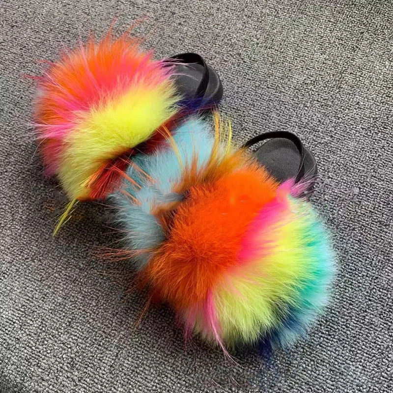 2024 New Children's Sandals Really Fox Fur Slippers Plush Really Raccoon Fur Children's Slippers Fashion EVA Girl Flat Bottom 6