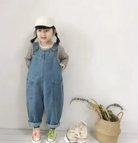새로운 여름 데님  소녀 소년 오버올 솔리드 청바지 점프수트 포켓 아동 캐주얼..