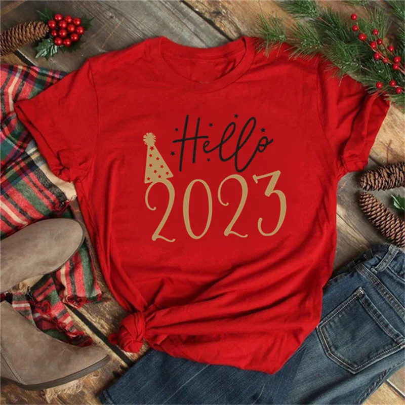 

Happy New Year 2023 Print Women T Shirts Graphic T-shirt Fashion Holiday Tops New Year's Party Female Casual Red Tshirt Clothes