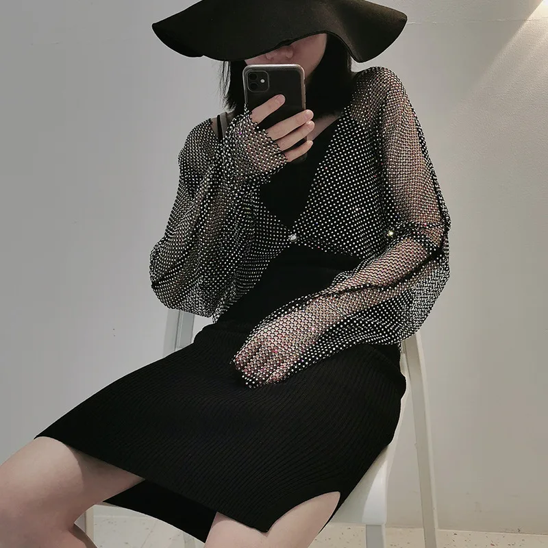 

Sexy See Through Shiny Rhinestone Women Fishnet T-Shirt Long Sleeve Cardigans Crystal Diamond Y2K Nightclub Rave Party Tops Tee