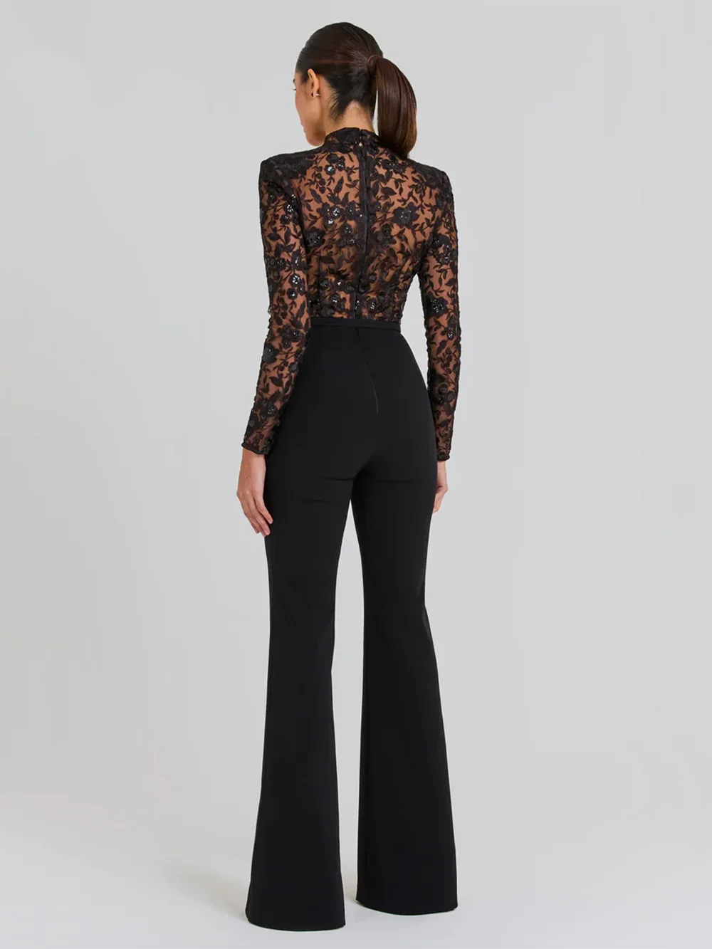 2024 Summer New Women's Black Sexy Long sleeved O-neck Lace Spliced Sequin Bandage Wide Leg jumpsuit Bodycon Party jumpsuit