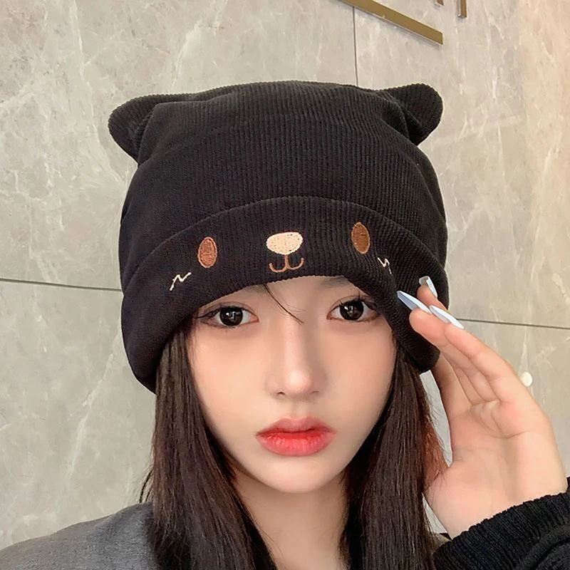 

Cute Embroidered Cat Ears Hat Versatile Knit Hat Women Warm Ear Protection Head Cap Outdoor Warm Ear Protection Cat Ear Wool Cap