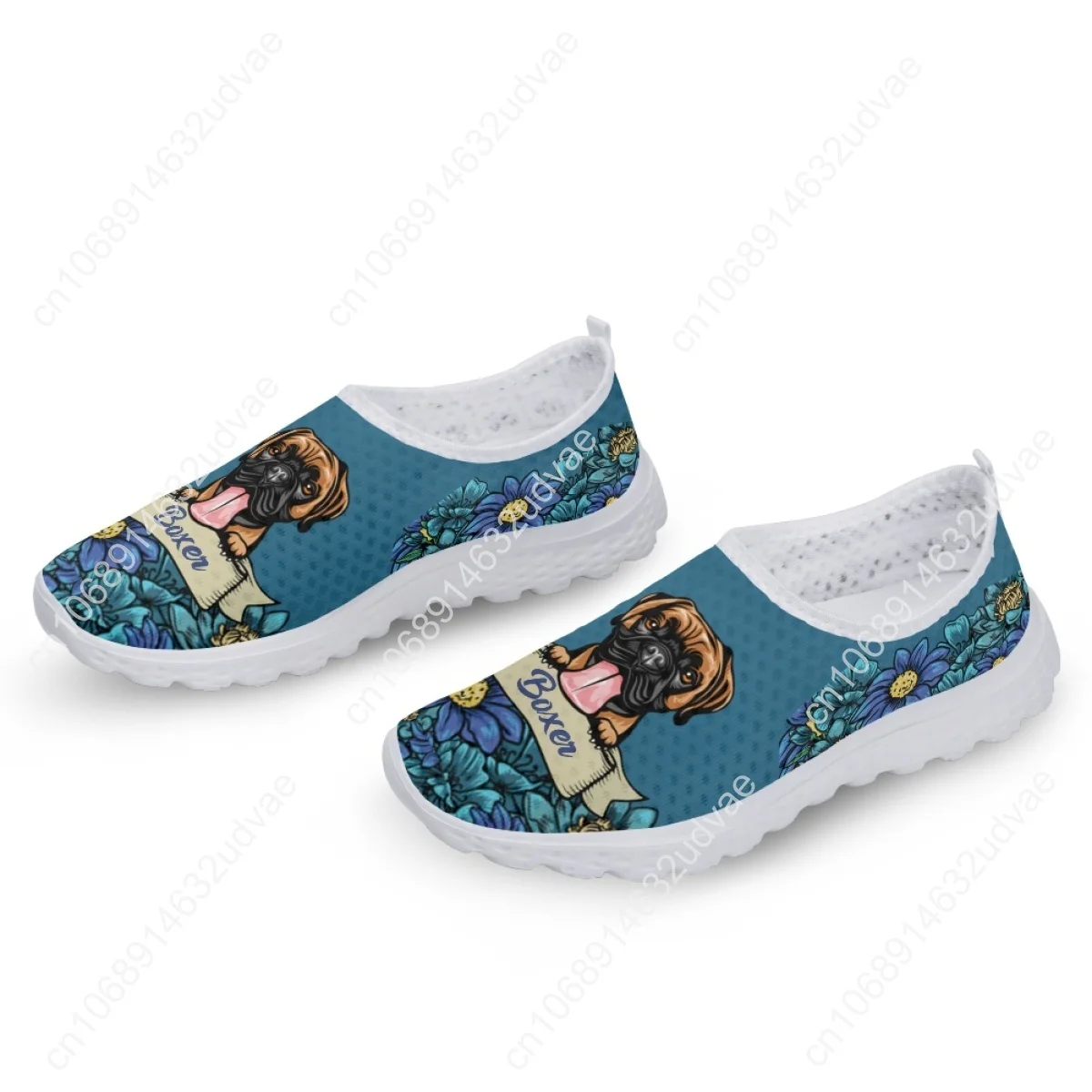Lovely Boxer Dog Print Slip-on Mesh Shoes Custom Personalized Flats for Dog Lovers Floral Light Loafers for Mom Gift