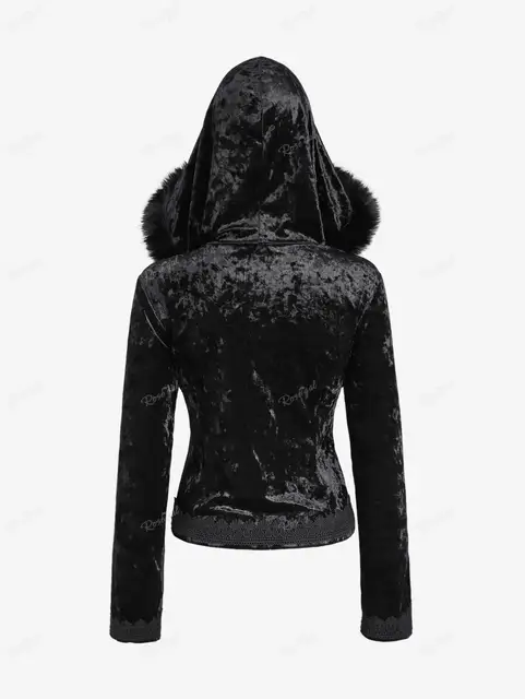 ROSEGAL Plus Size Gothic Fur Coats Black Full Zipper Applique Panel Fur Trim Fluffy Collar Long Sleeves Velvet Coat Outwears 3