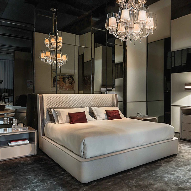 Italian style light luxury post-modern leather double bed Simple home master bedroom with large backrest |