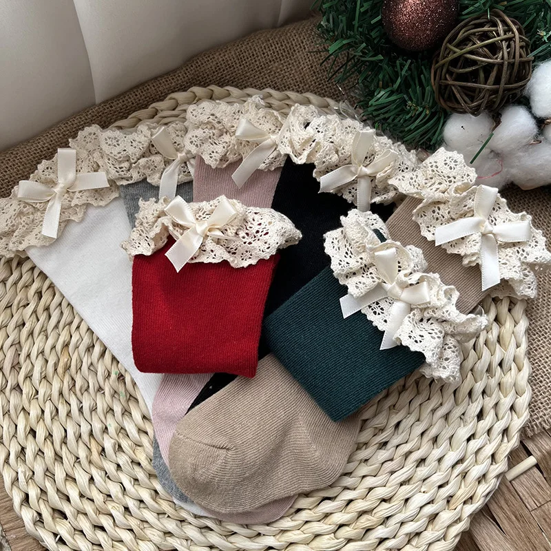 جوارب طويلة قطنية عالية بكشكشة للركبة للفتيات الصغ...