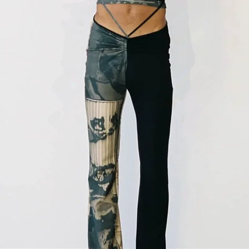 Gothic Y2k Women's Pants Punk Sexy Waist Tether Suckling Tie Dye Printing Contrast Color Stitching Trousers Street Wear Woman