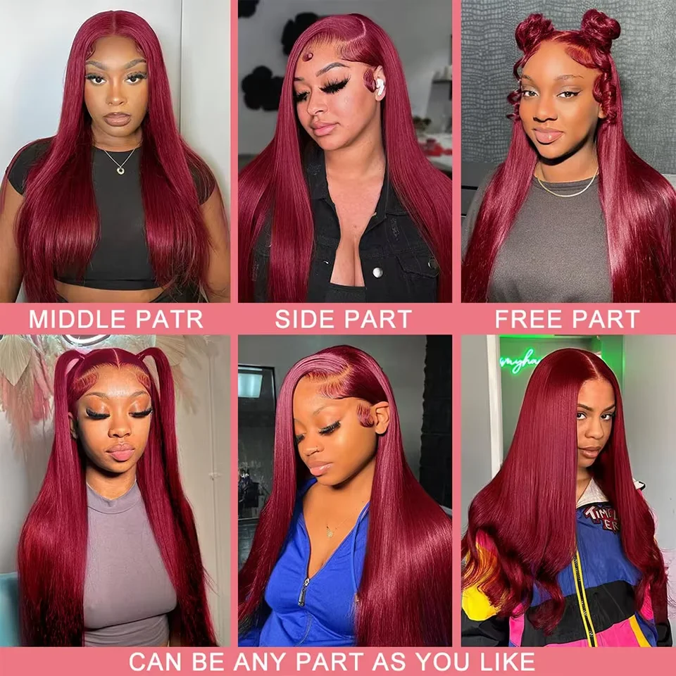 200% 99j Burgundy Lace Front Human Hair Wig 36Inch 13x6 Straight Lace Frontal Wigs HD Transparent Lace Colored Red Wig For Women