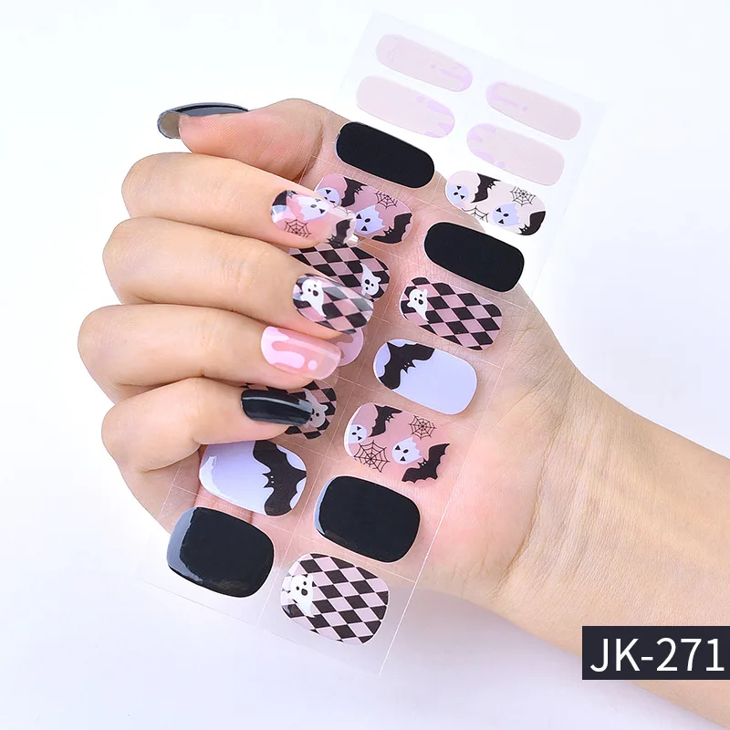 Halloween Design Nail Stickers Wholesale Full Cover Semi-cured UV Gel Nail Art Stickers Gel Nail Strips Press On Nail Decal 4