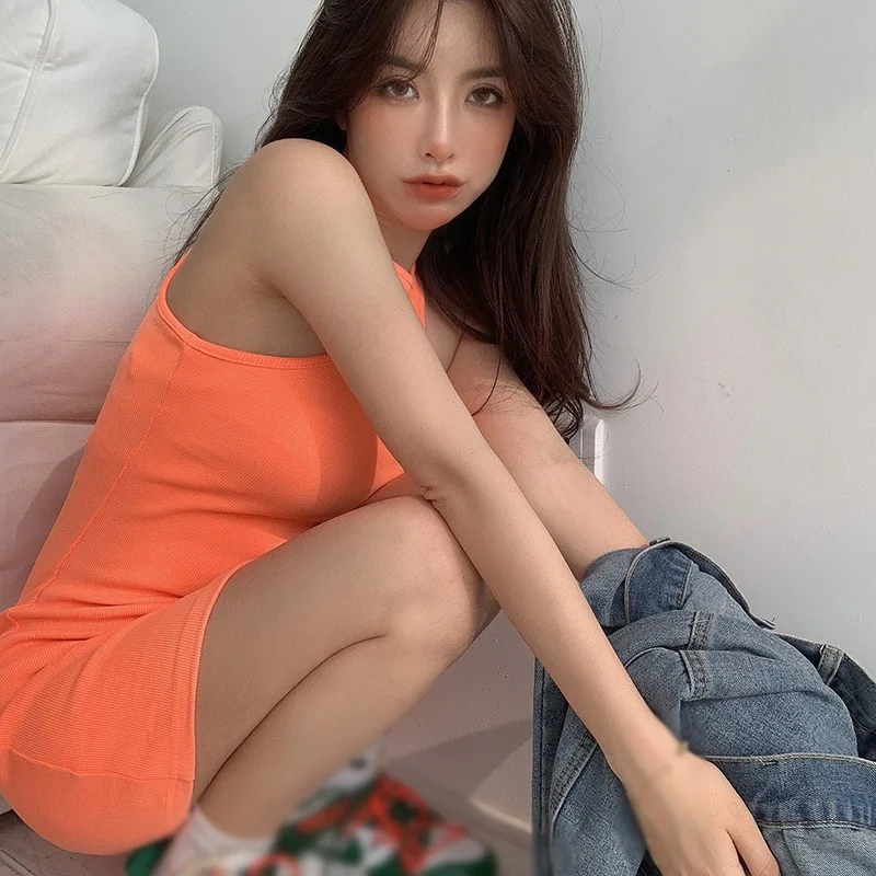 여성용 홀터 원피스 O넥 민소매 탱크 원피스, 캐주얼 힙랩, 타이트한 핏, 핫 걸 스트리트웨어, 단색, 여름