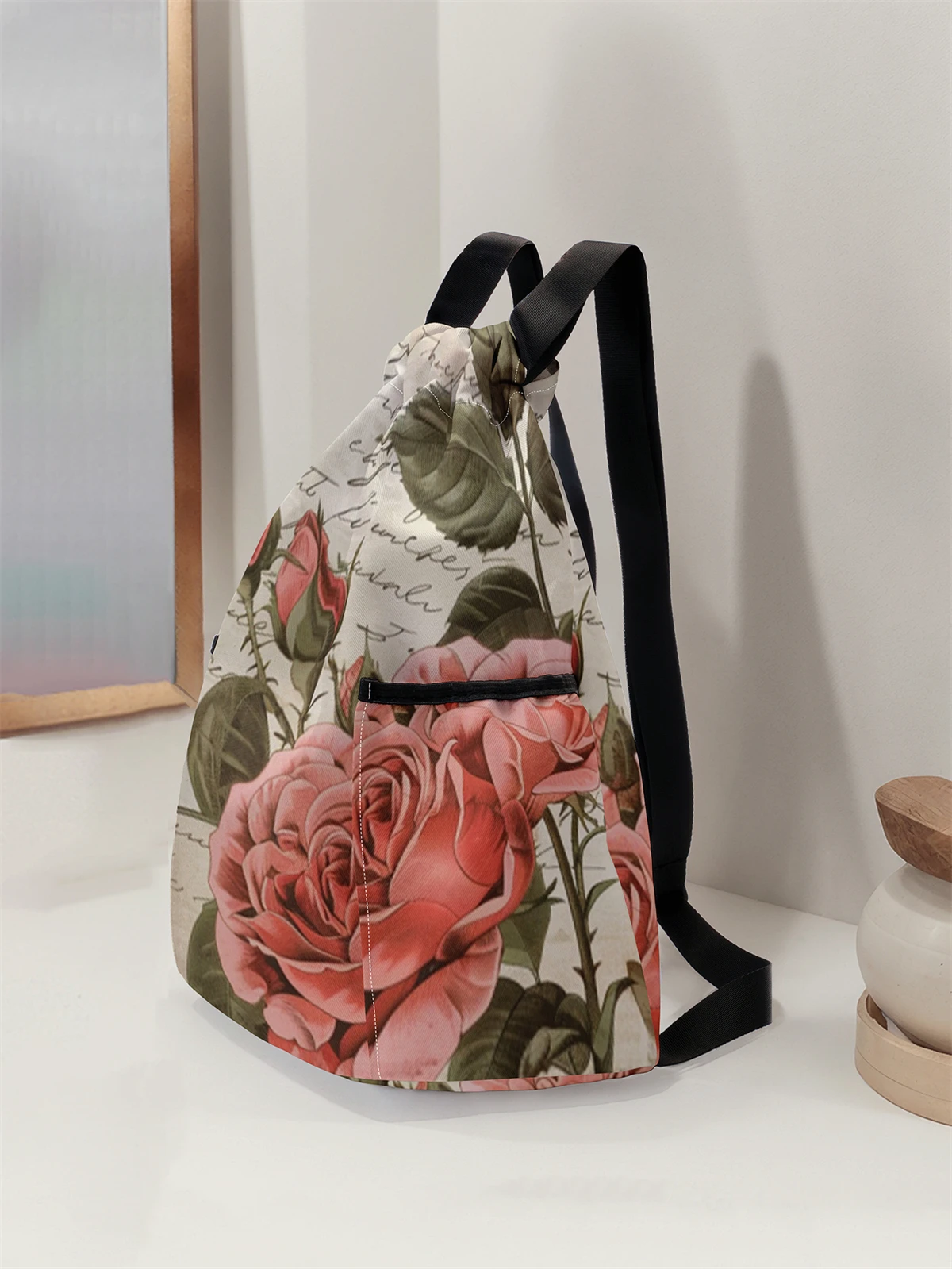 Floral Pattern Printed Drawstring Backpack - Large Capacity Durable Fitness Bag, Sports Beach Backpack