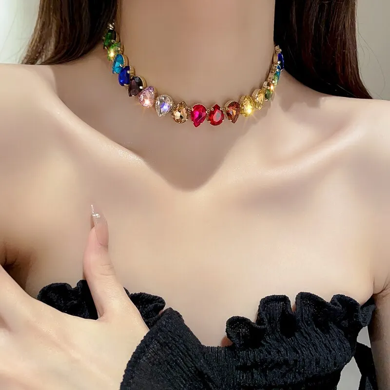 S9ce34b1c1ee74b5d911764a5e25bbc91D Colorful Rhinestone Crystal Necklace For Women Luxury Fashion Water Drop Choker Necklaces for Party Wedding Bridal Jewelry Mallzona