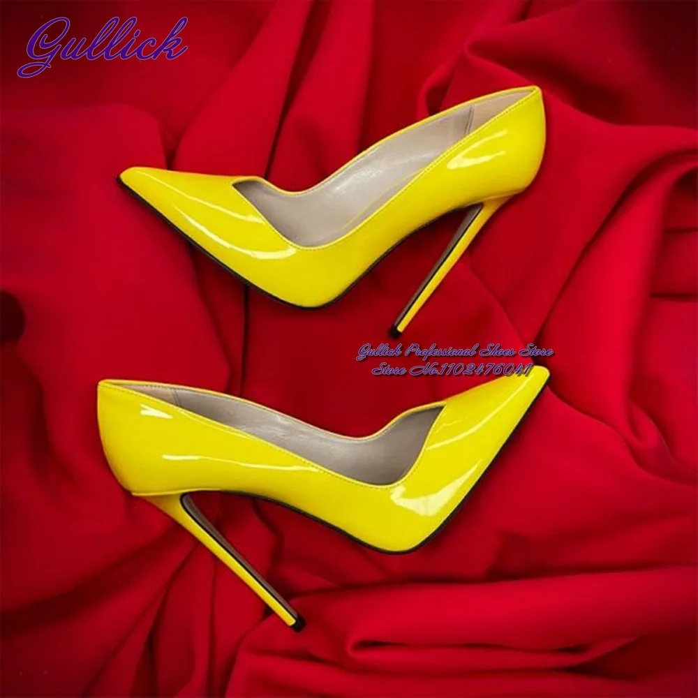 

Gullick Orange Yellow Bright Patent Leather High Heel Shoes 12Cm 10Cm 8Cm Stilettos V-Cut Shallow Dress Pumps Slip-On Footwear