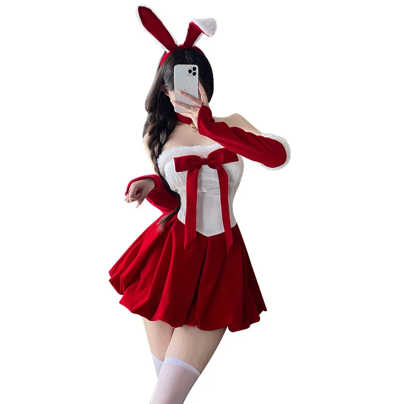 Christmas Outfit Women Sexy New Year Halloween Holiday Dresses Bunny Cosplay Velvet Red Dress Santa Party Performance Dance