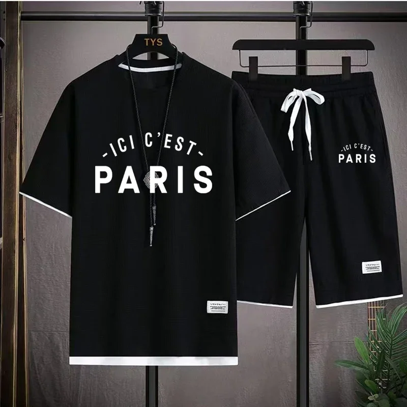 thumbnail image 1 of Conjuntos de waffle para hombre, conjunto de camiseta y pantalones cortos casuales Messi Paris, trajes deportivos de verano para hombre, chándal, traje holgado, camiseta para hombre, ropa, 1 of 4