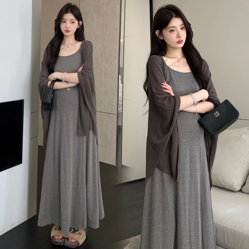 봄 컬렉션 임부복 세트 레이지 스타일 오픈 가디건 코트 스트랩 드레스 예비맘 고급스러운 느낌 봄 가을 웨어