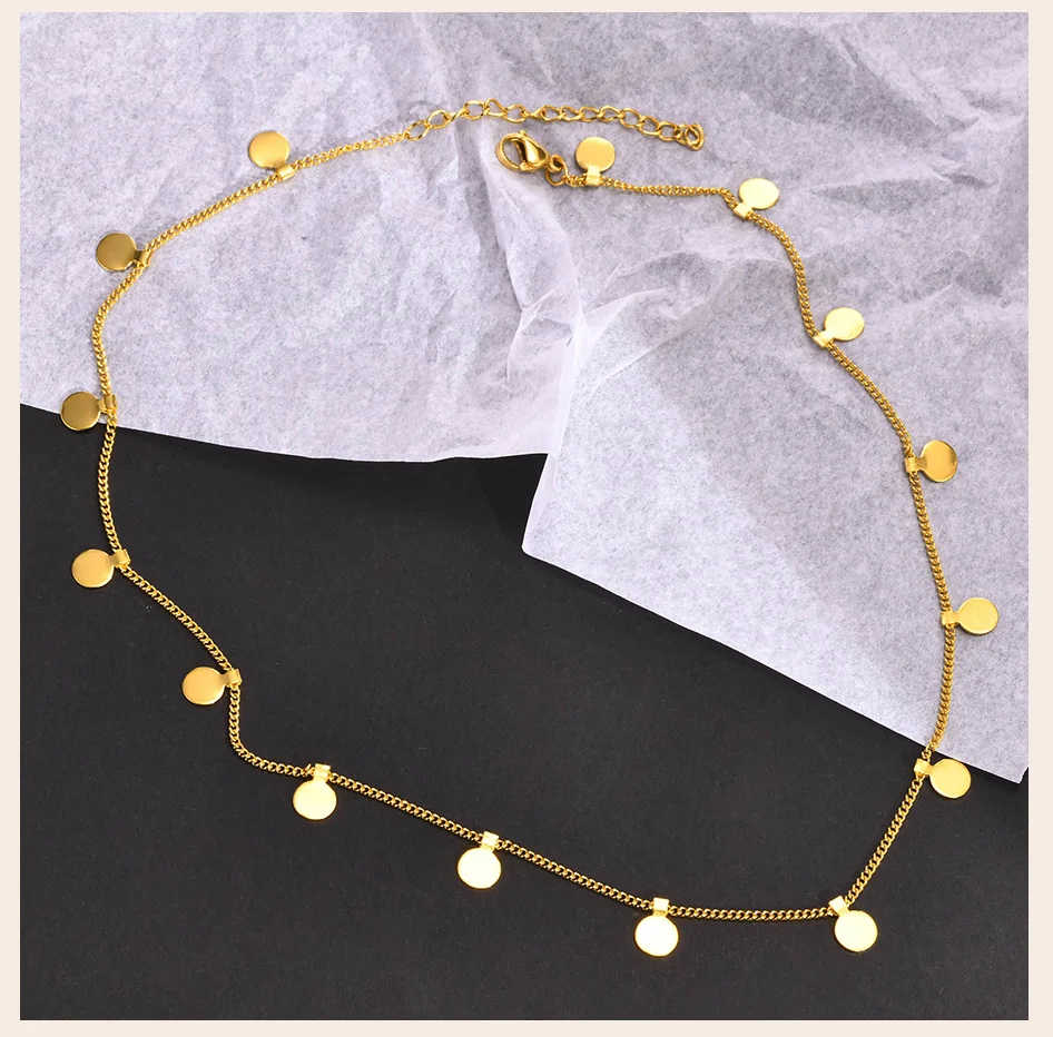 Delicate Small Multiple Coins Disc Necklace for Women, Gold Color Stainless Steel Waterproof