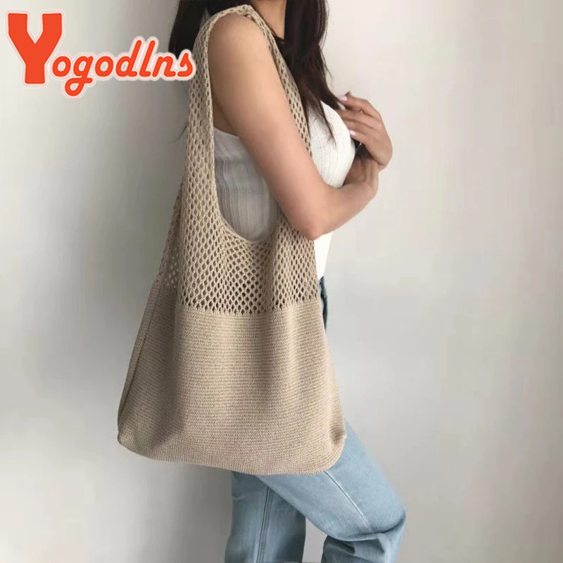 Yogodlns Wool Hollow Woven Shoulder Bag Womens Large Capacity Handbags Winter Shopping Tote Travel Beach Bag Ladies Handle Bag