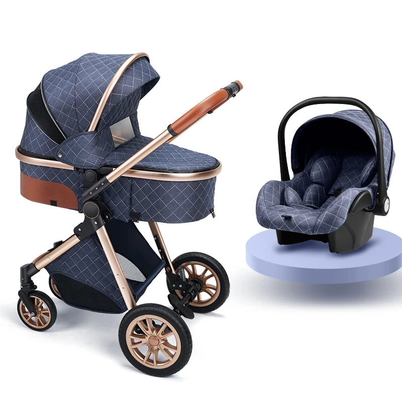 Fashion Baby Stroller 3 in 1 Folding Prams Portable Travel Baby Carriage Luxury Leather High Landscape Car