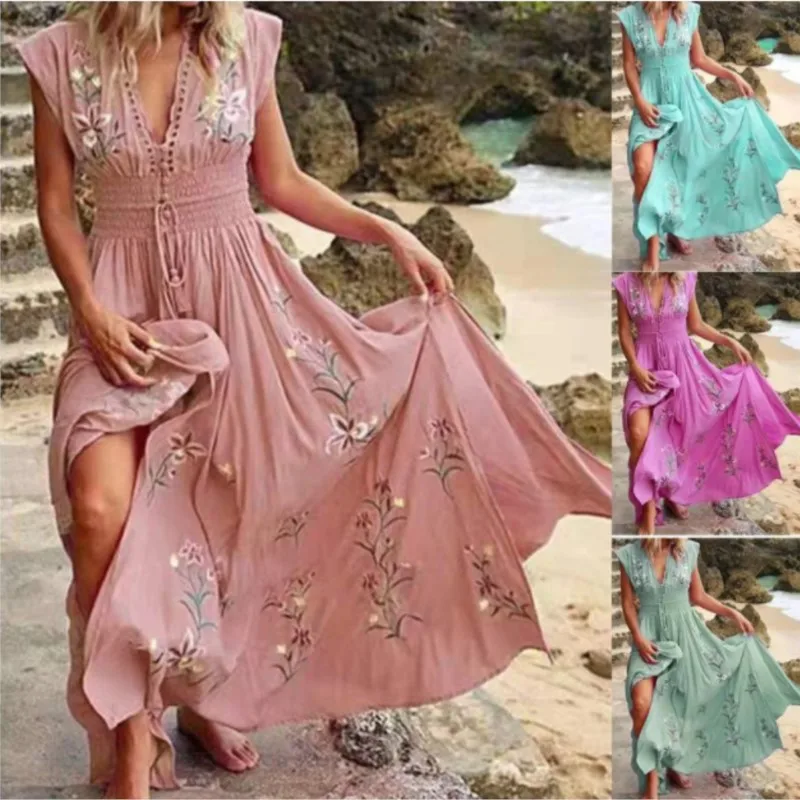

2023 Bohemian Women Dress Floral Print Lace-up Tassel Large Hem Dress Summer Vintage Maxi Dress Beach