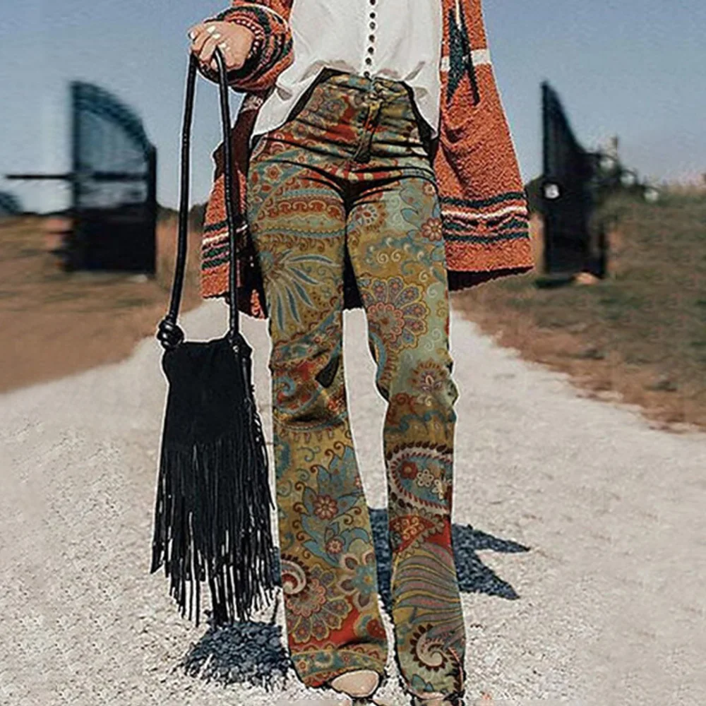 

2023 Autumn And Winter New Retro Pattern Printing Painted Pants Ladies Elegant Flared Casual High Waist Jeans Large Size Street