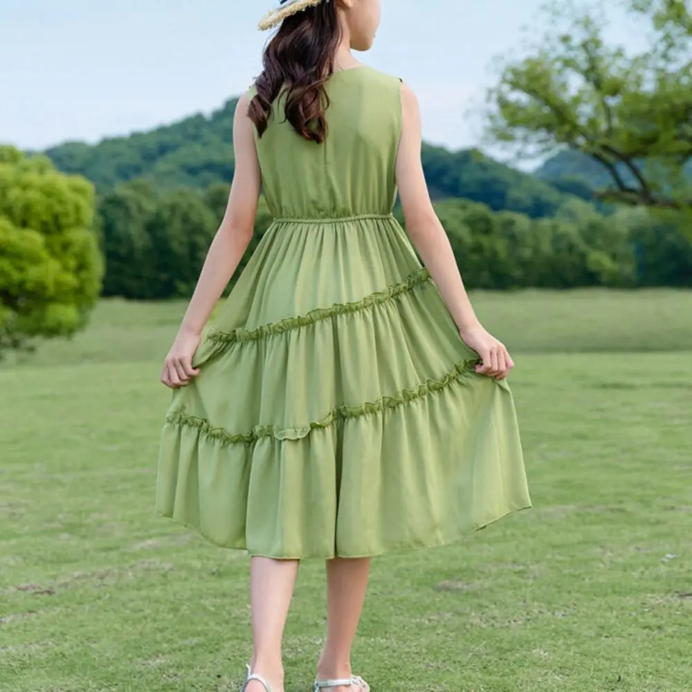 Fashion Doll Collar Girls Princess Dress Teens Party Summer Cake Dress Sweet Beach Vacation Children Long Dress Summer